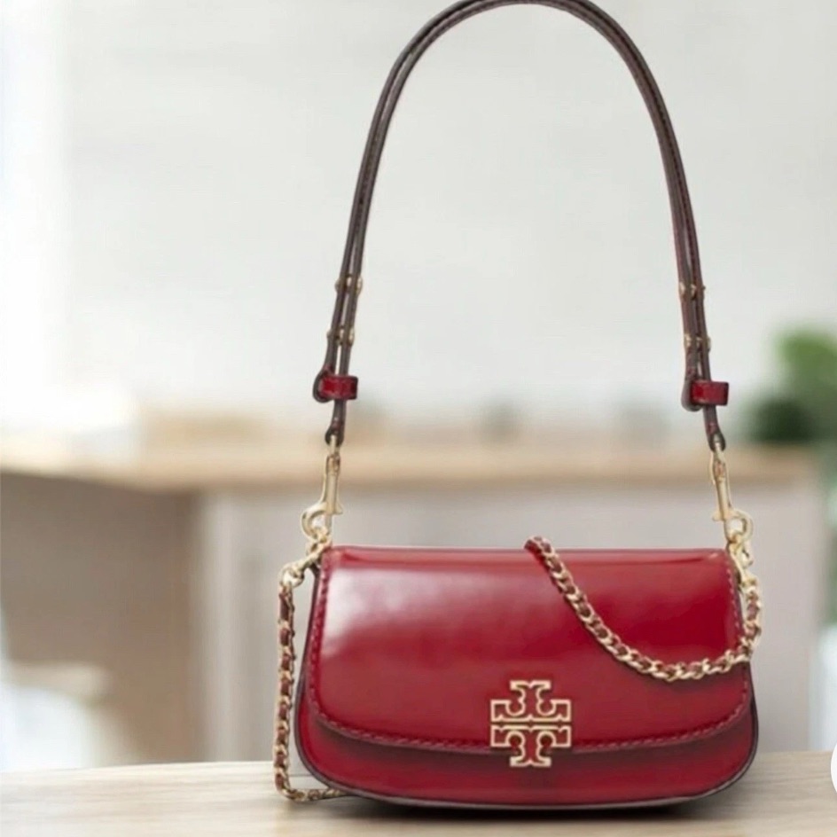 New Tory Burch Britten Smooth Convertible Crossbody Red Calf Leather Bag Purse